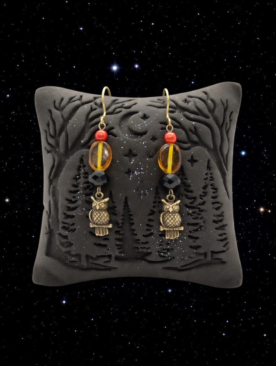 Hibou perles jaune, rouge et noir
