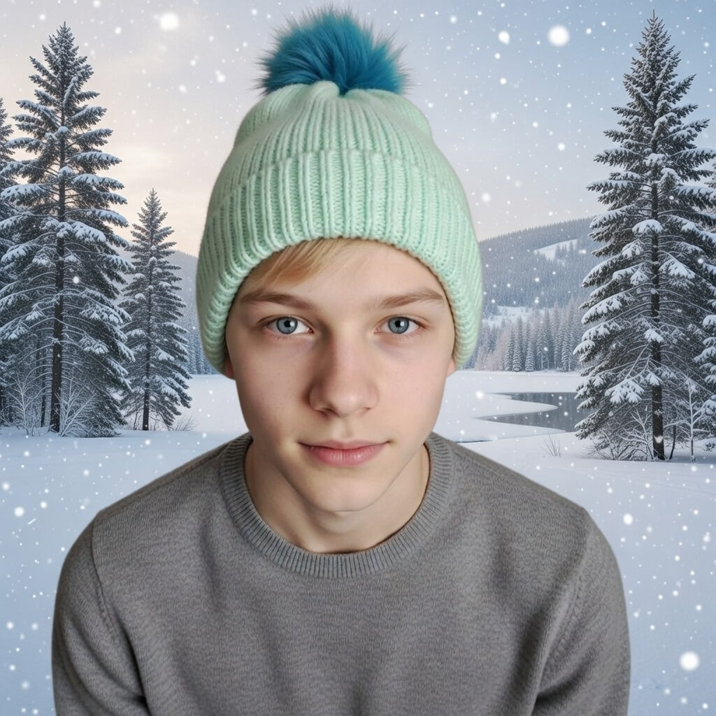 Bonnet vert pastel pom-pom turquoise