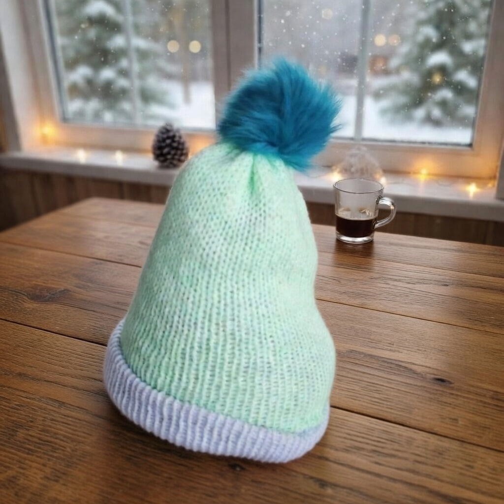 Bonnet vert pastel pom-pom turquoise