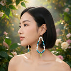 Pendante perles bleu, blanc feuille vert