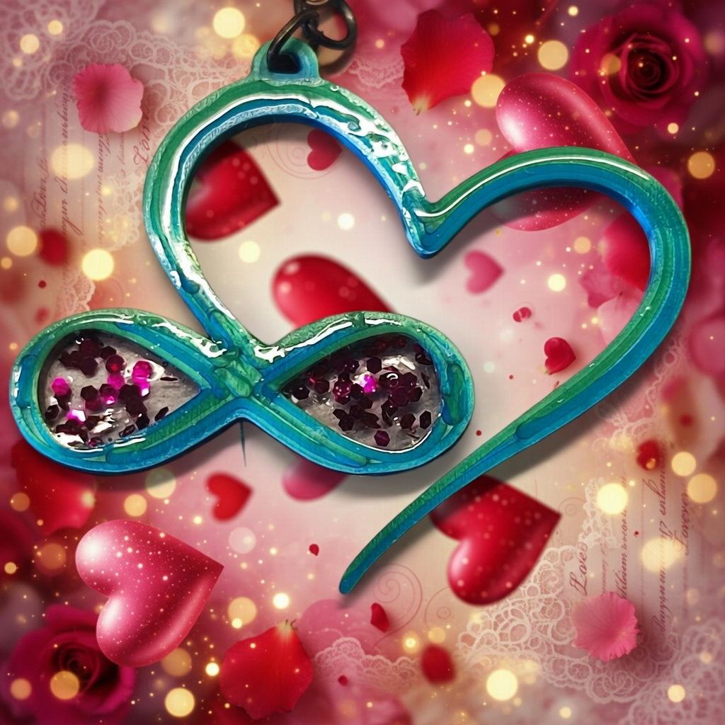 Impression 3D Vert double cœur infini paillettes roses