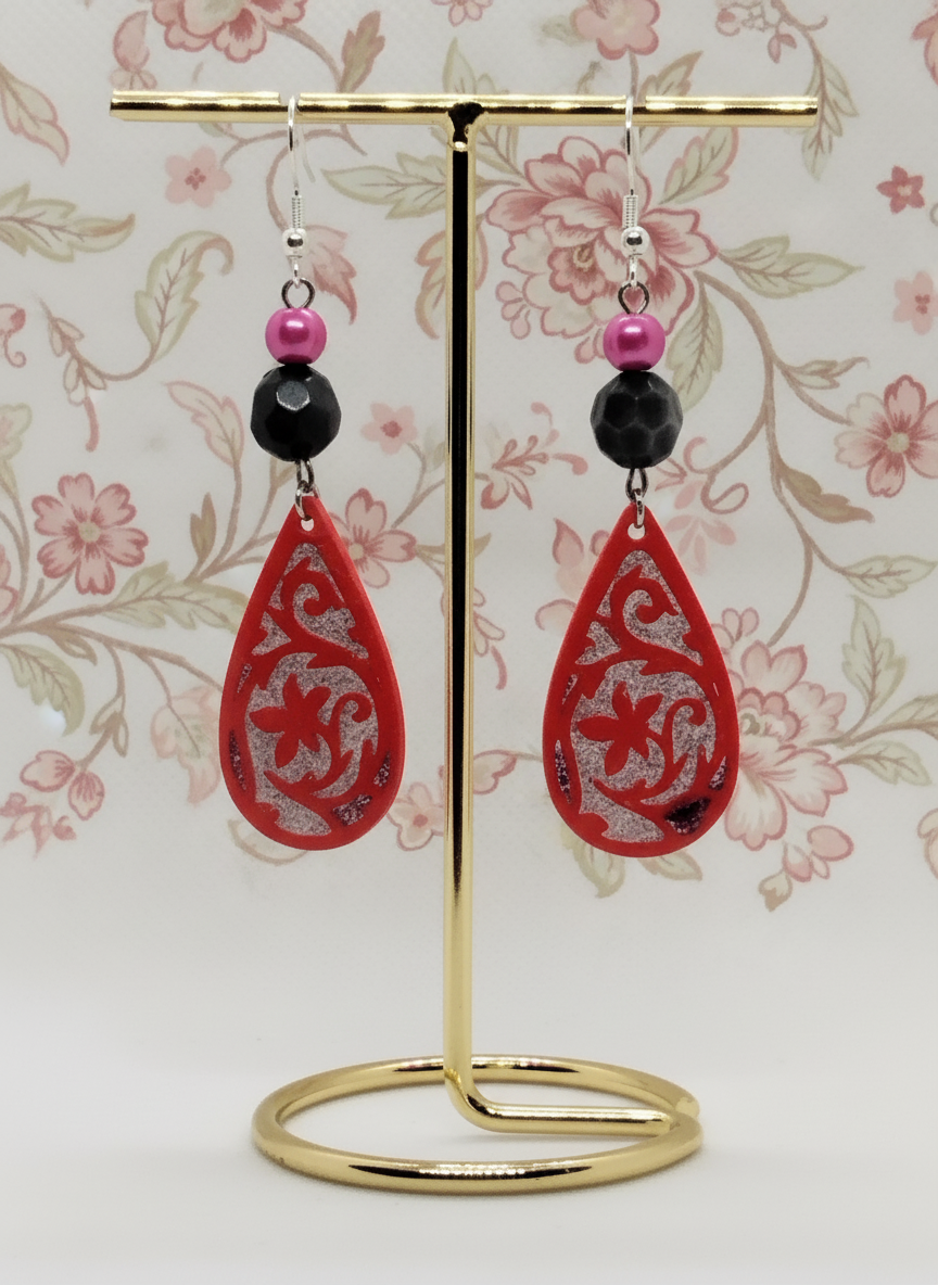 Impression 3D Rouge Goutte d'Eau Fleur Perle Fuschia, Gris
