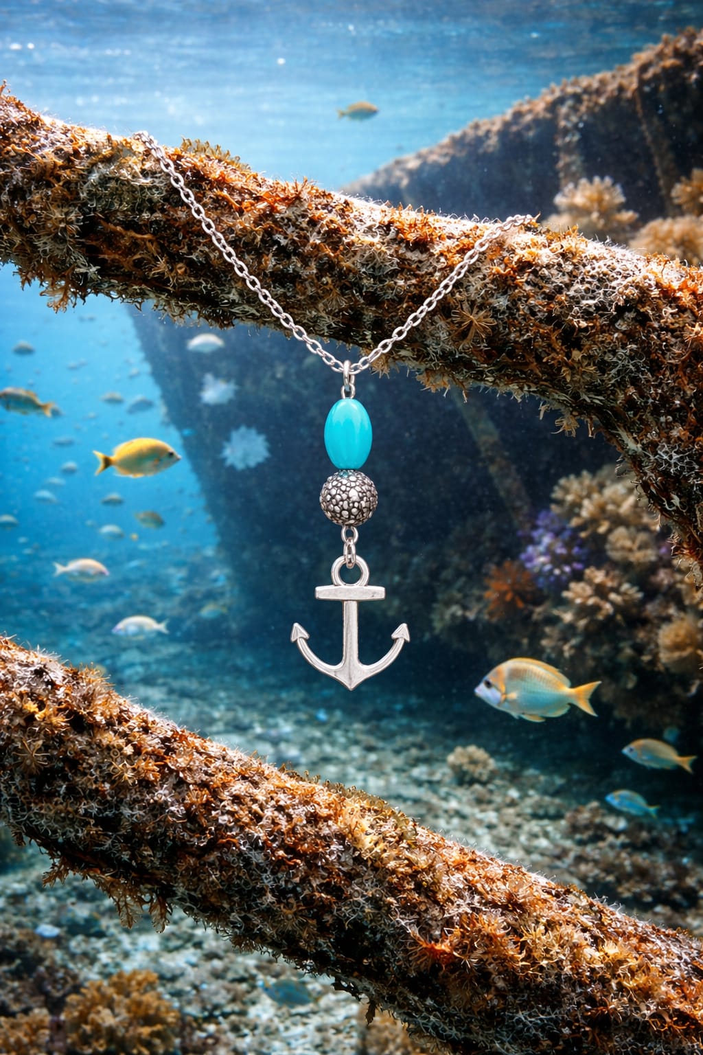 Ancre perle turquoise, boule métal