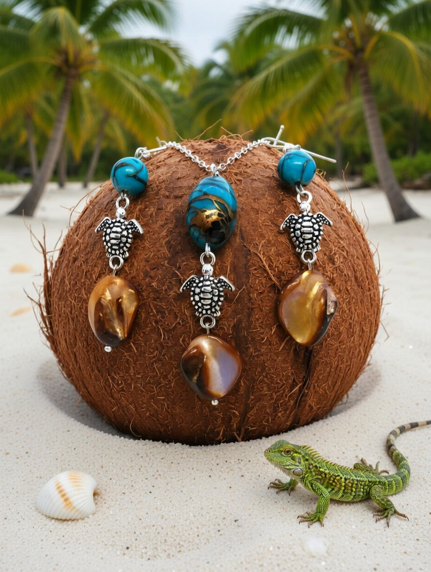 Tortue perles bleu, orange