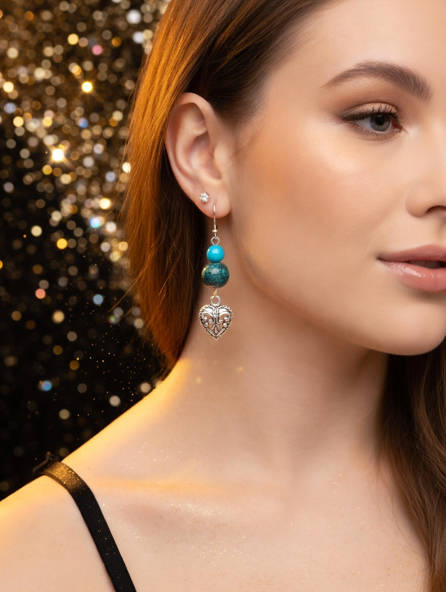 Bleu turquoise, bleu tacheté breloque  cœur
