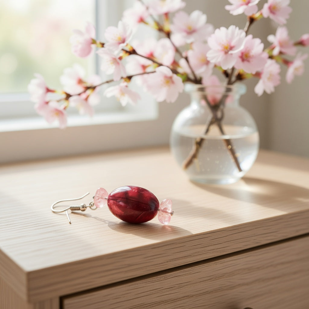 Perle rouge marbré, vraie pierre rose