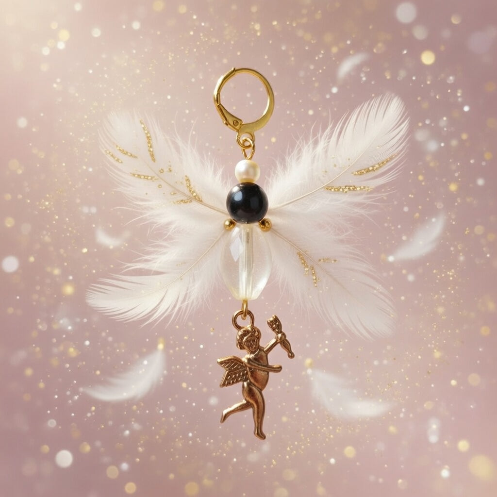 Cupidon doré, perles jaune pâle, noir, jaune transparent