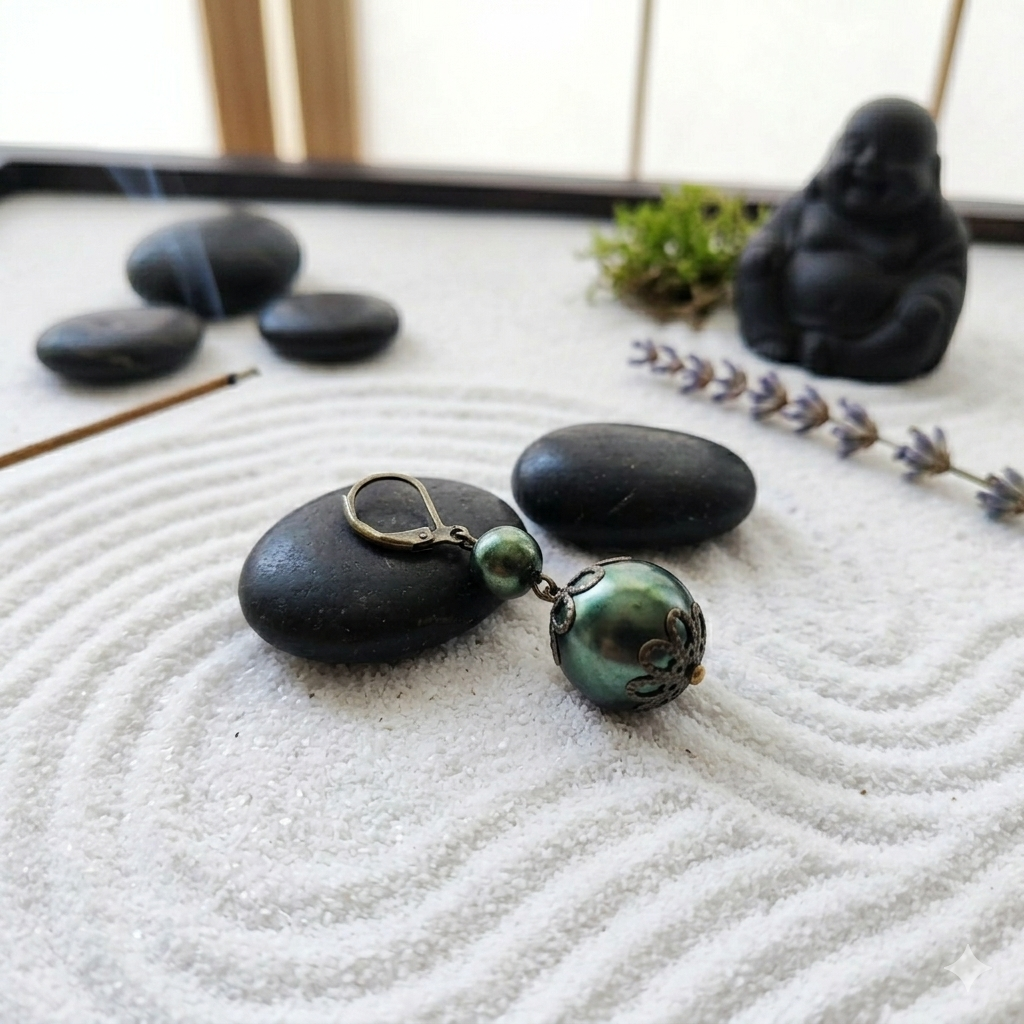 Perles vert marbré sertissage noir