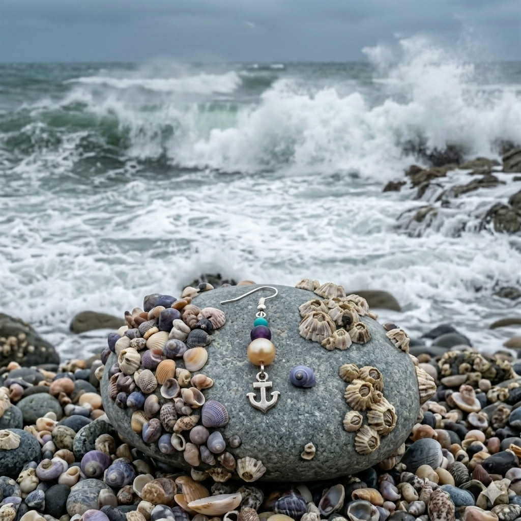Ancre perles blanche, violette et turquoise