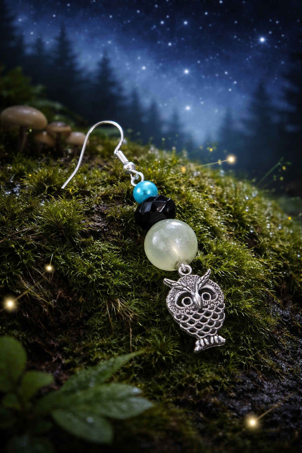 Hibou perles turquoise, noir vert pâle