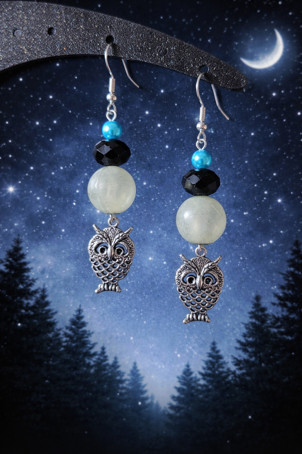 Hibou perles turquoise, noir vert pâle