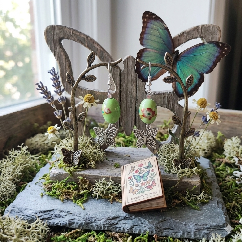 Papillon perle vert imprimé fleur, carré gris à facettes