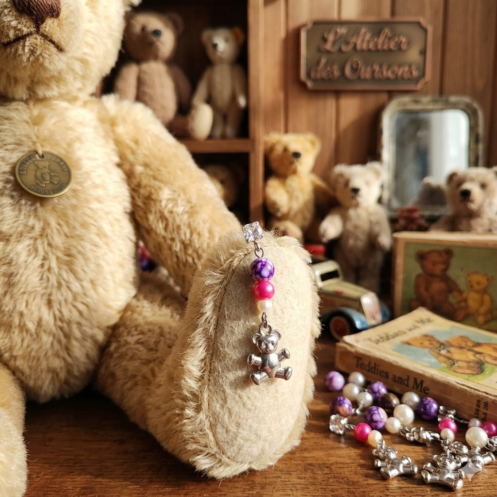Ourson perles violet, fuchsia
