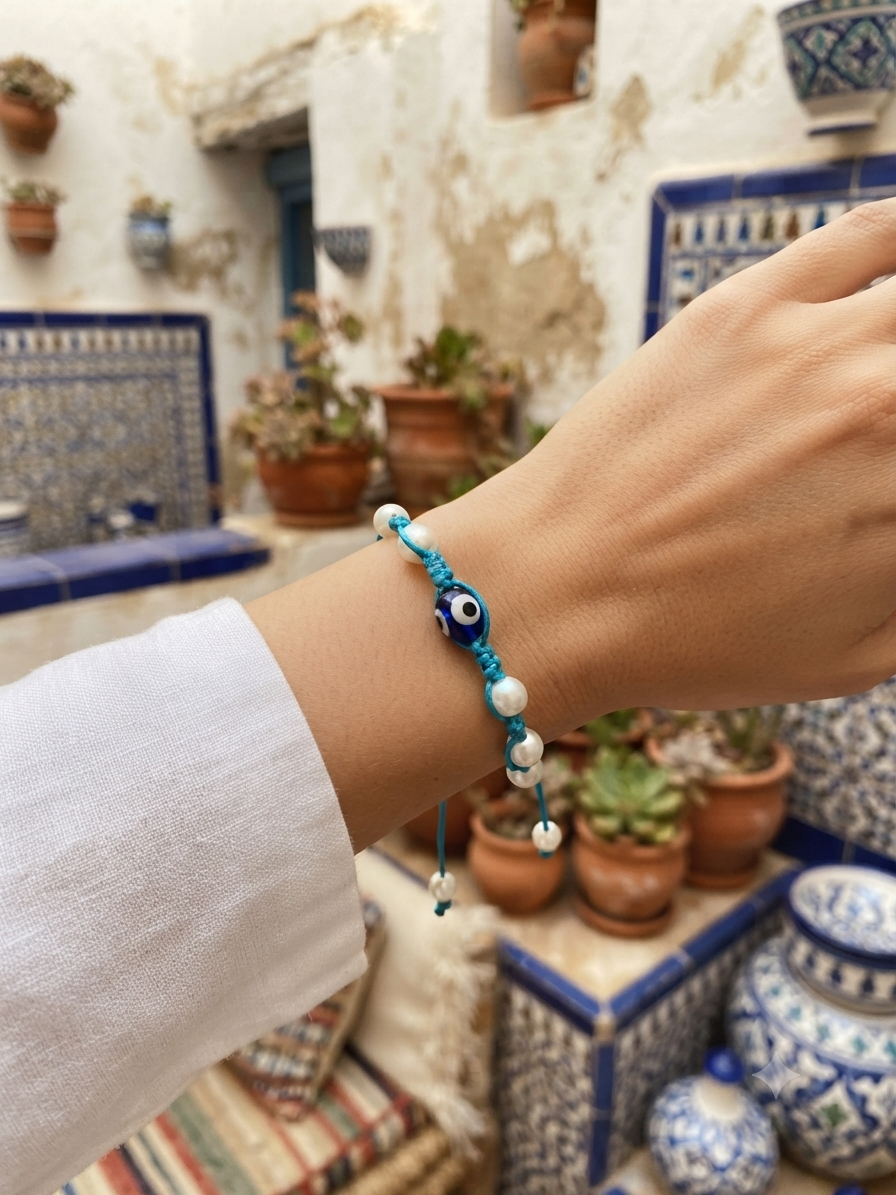 Bracelet shambala fil turquoise perles blanche, œil du mal La fée bricole