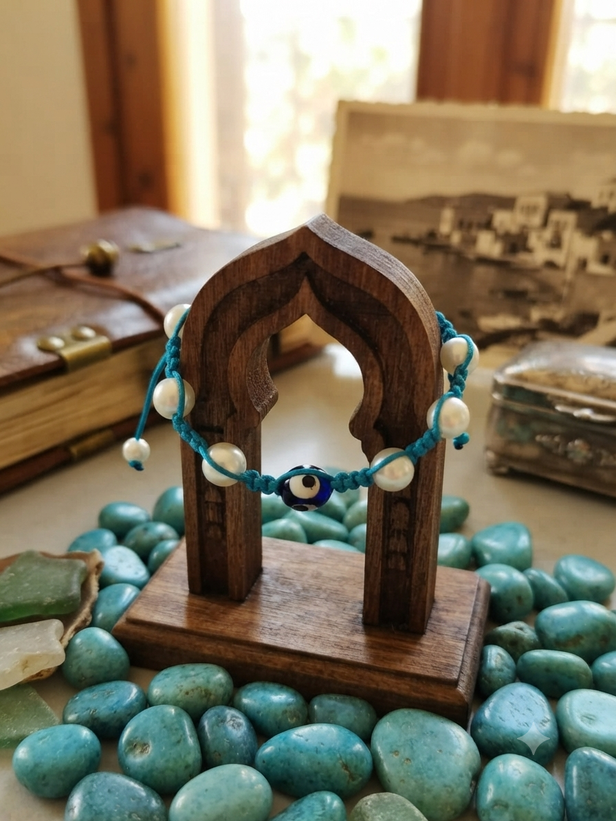 Bracelet shambala fil turquoise perles blanche, œil du mal La fée bricole