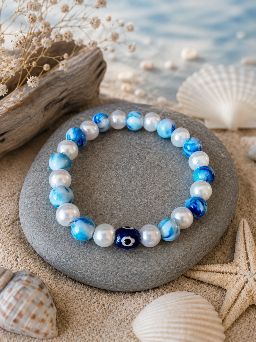 Bracelet élastique bleu, blanc,  œil du mal La fée bricole