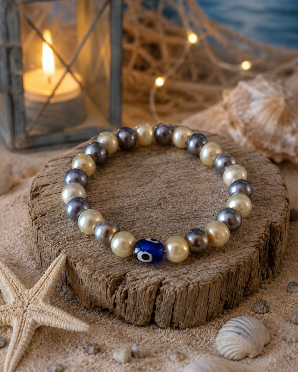 Bracelet élastique beige, gris, œil du mal La fée bricole