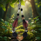 Pendante feuille argent, perles ambre, pierre, noir