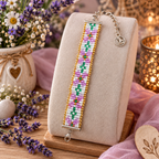 Bracelet perles de rocailles motifs vert, jaune La fée bricole