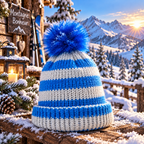 Bonnet rayé bleu, gris pom pom bleu roi La fée bricole