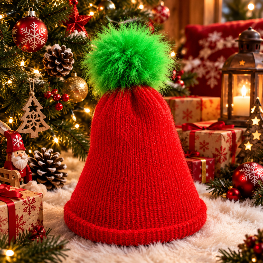 Bonnet rouge pompom vert La fée bricole