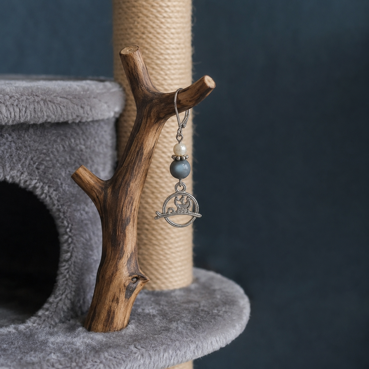 Chat sur branche dans rond perles blanche, grise espacement gris La fée bricole
