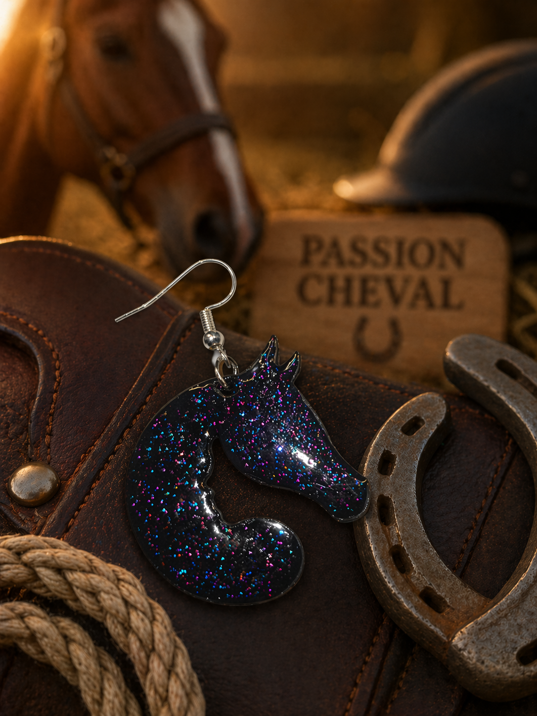 Impression 3D Tête cheval paillettes rose, violet, bleu