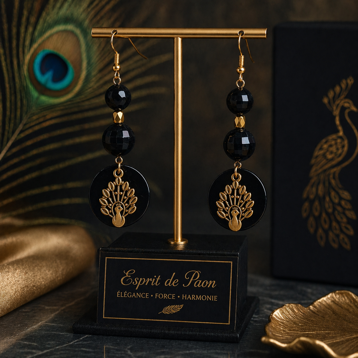 Paon plaque noir perles multifacettes noir