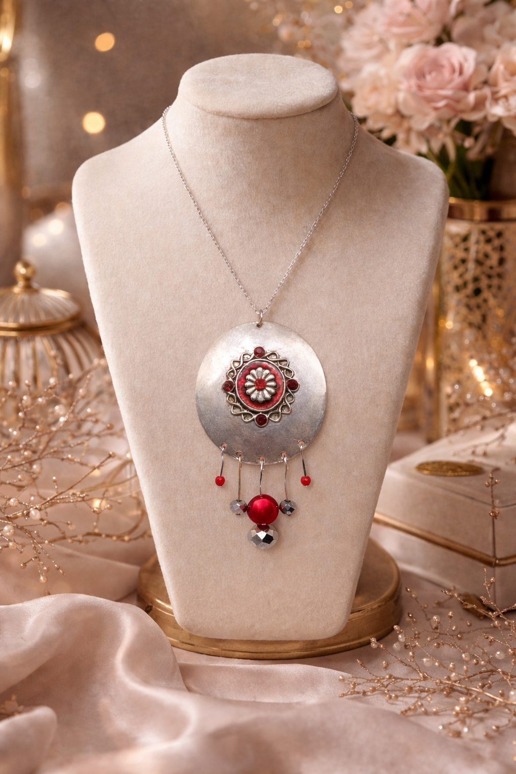 Plaque ronde rouge avec pendant