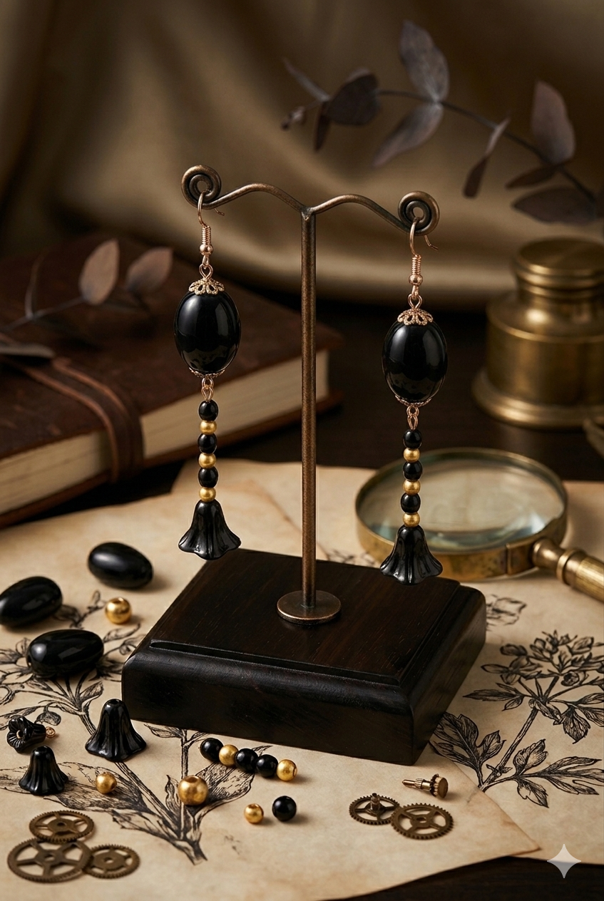 Perles noir, jaune et perle fleur noir