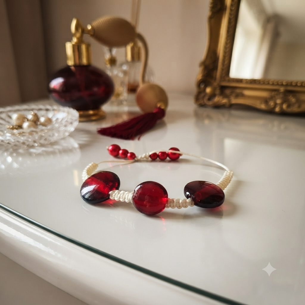 Bracelet corde blanche perles rouges La fée bricole