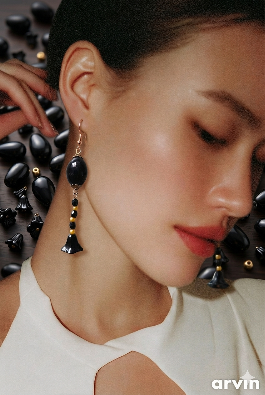 Perles noir, jaune et perle fleur noir