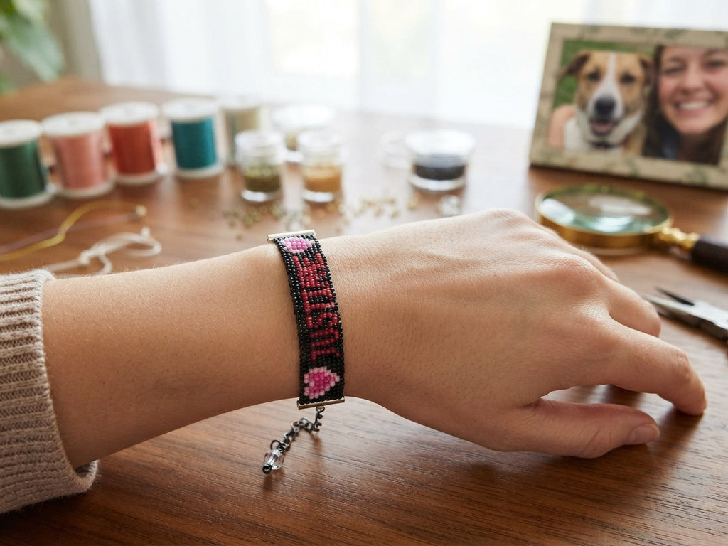 Bracelet perles de rocailles prénom JUSTINNE motif Cœur rose La fée bricole