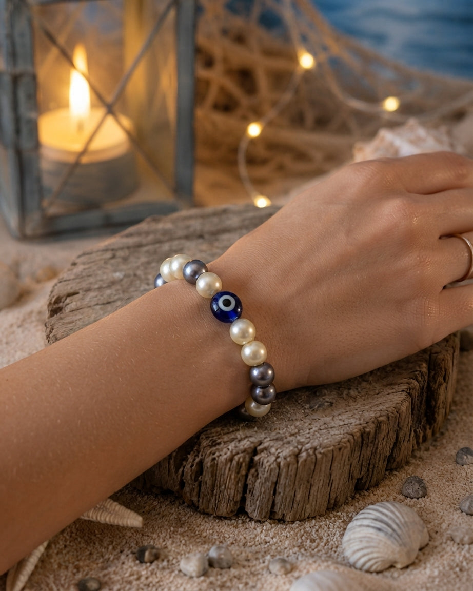 Bracelet élastique beige, gris, œil du mal La fée bricole