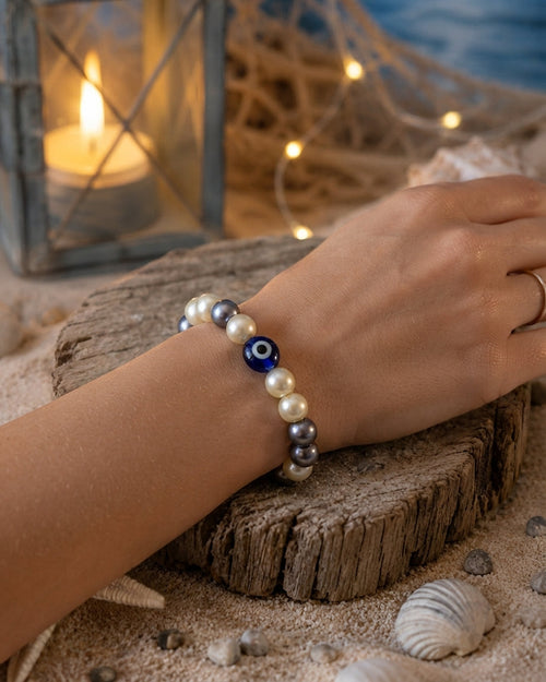 Bracelet élastique beige, gris, œil du mal La fée bricole