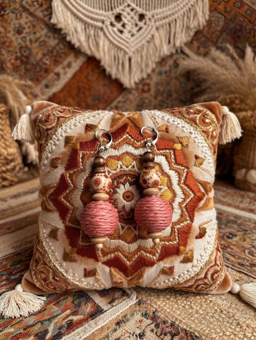 Boule rouge, perles bois