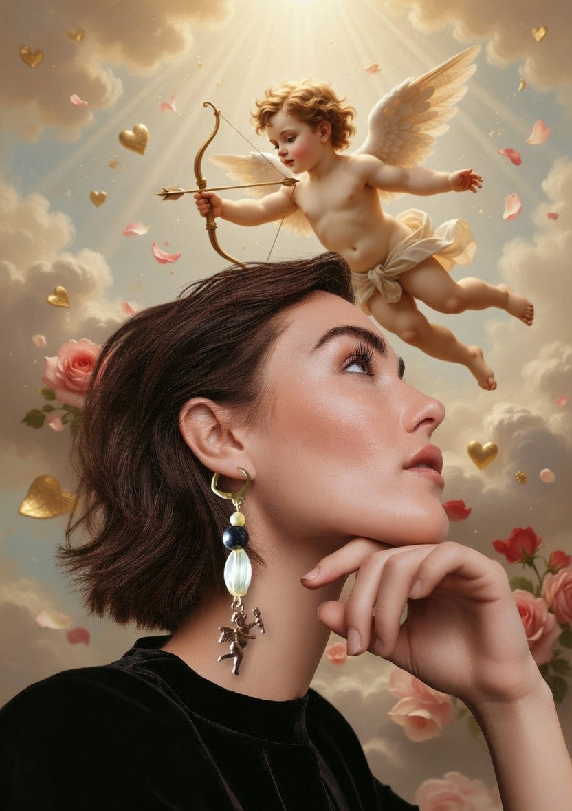 Cupidon doré, perles jaune pâle, noir, jaune transparent