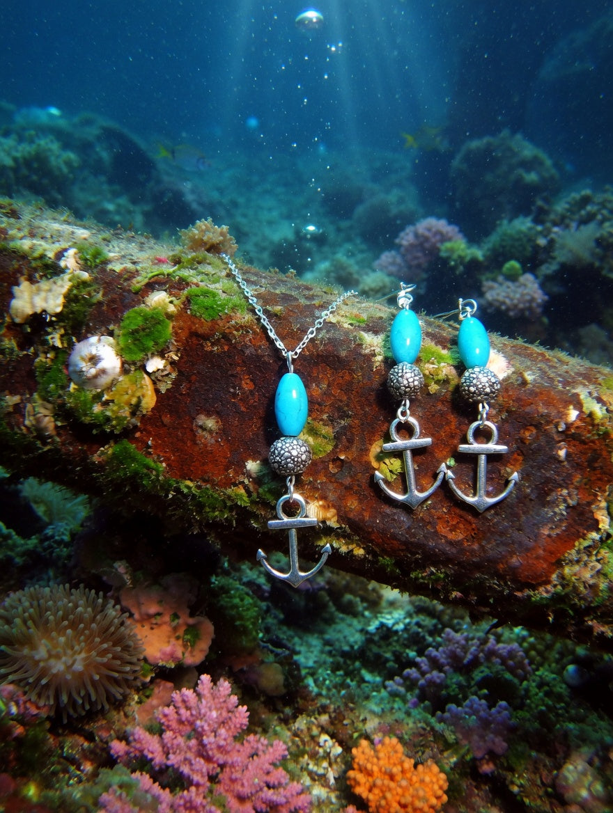Ancre perle turquoise, boule métal