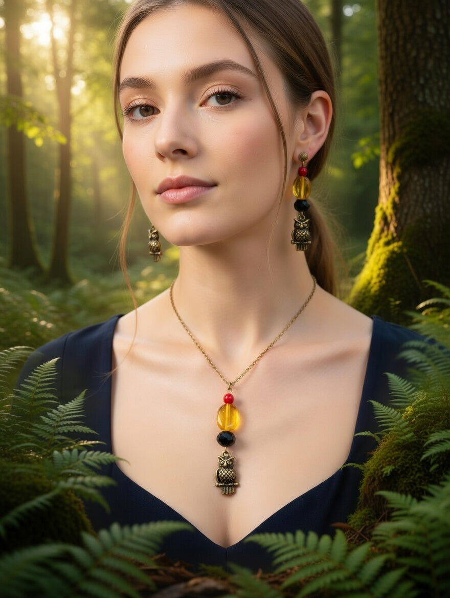 Hibou perles jaune, rouge et noir